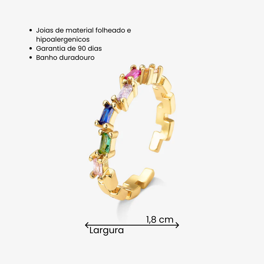 Anel Regulável Zircônia Colorida Folheado a Ouro 18k