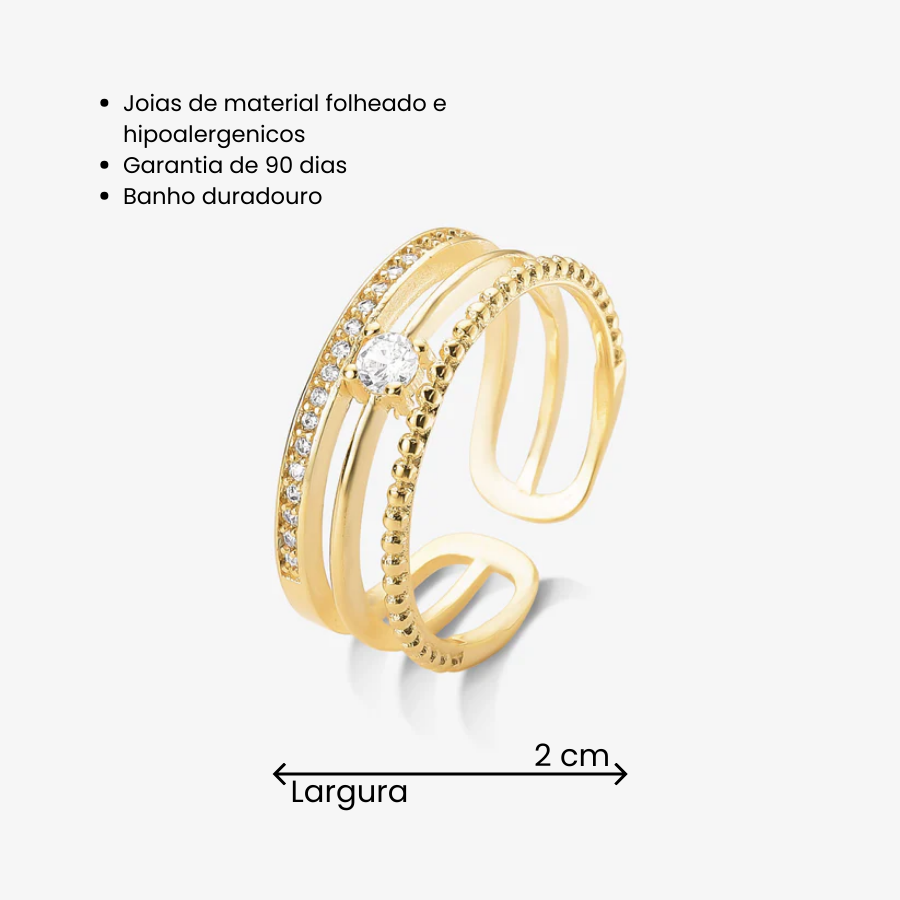 Anel Regulável Triplo com Zircônia Folheado a Ouro 18k
