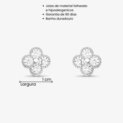 Brinco Trevo de Cristal Folheado a Prata