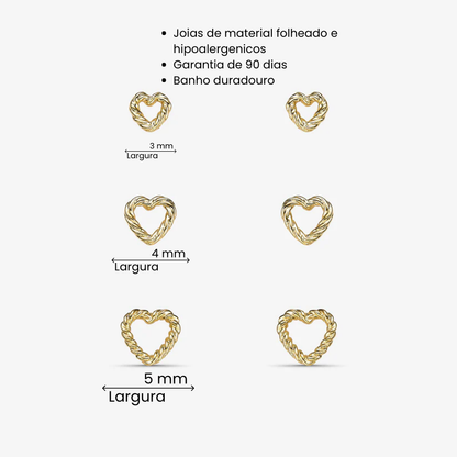 Brinco Trio Coração Folheado a Ouro 18k