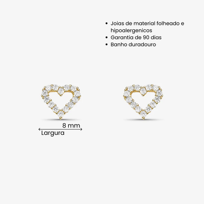 Brinco Coração Vazado Cravejado Folheado a Ouro 18k