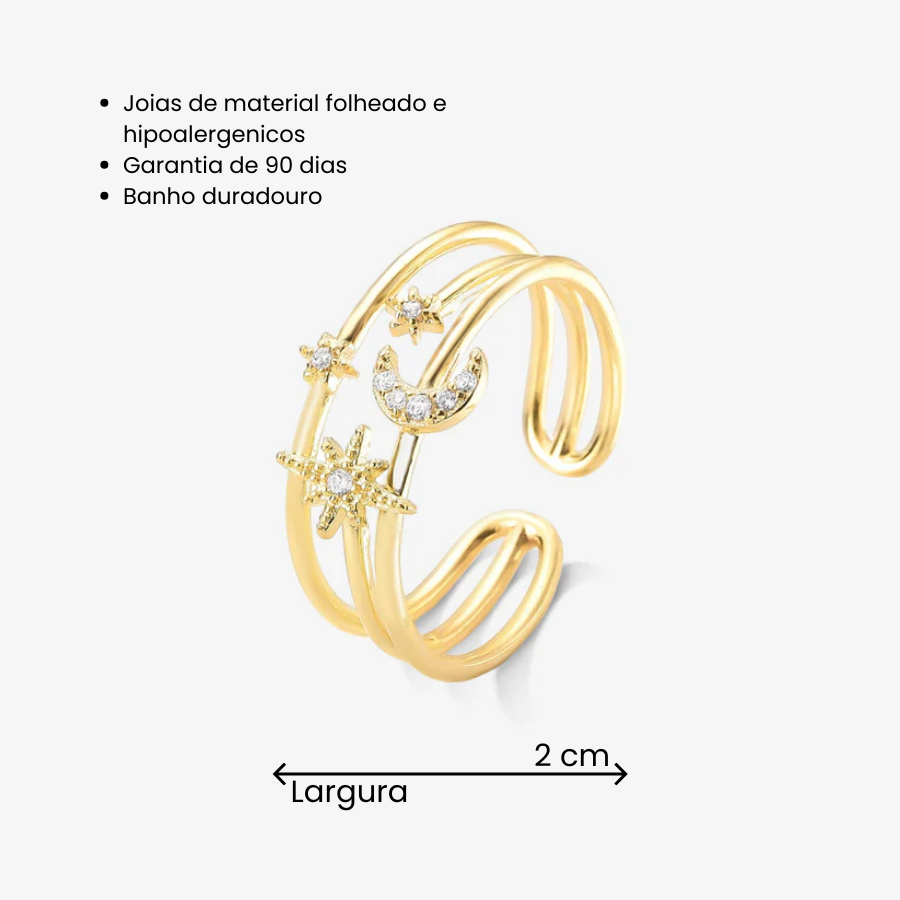 Anel Regulável Constelação com Lua Cravejado Folheado a Ouro 18k
