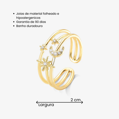 Anel Regulável Constelação com Lua Cravejado Folheado a Ouro 18k