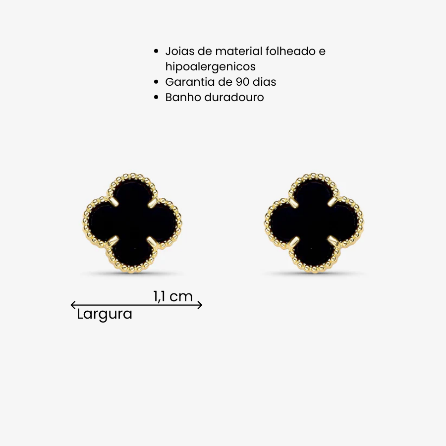 Brinco Trevo Preto Tarraxa Folheado a Ouro 18k