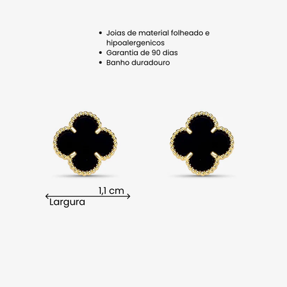 Brinco Trevo Preto Tarraxa Folheado a Ouro 18k