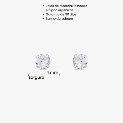 Brinco Zircônia Redonda 4mm Folheado a Prata