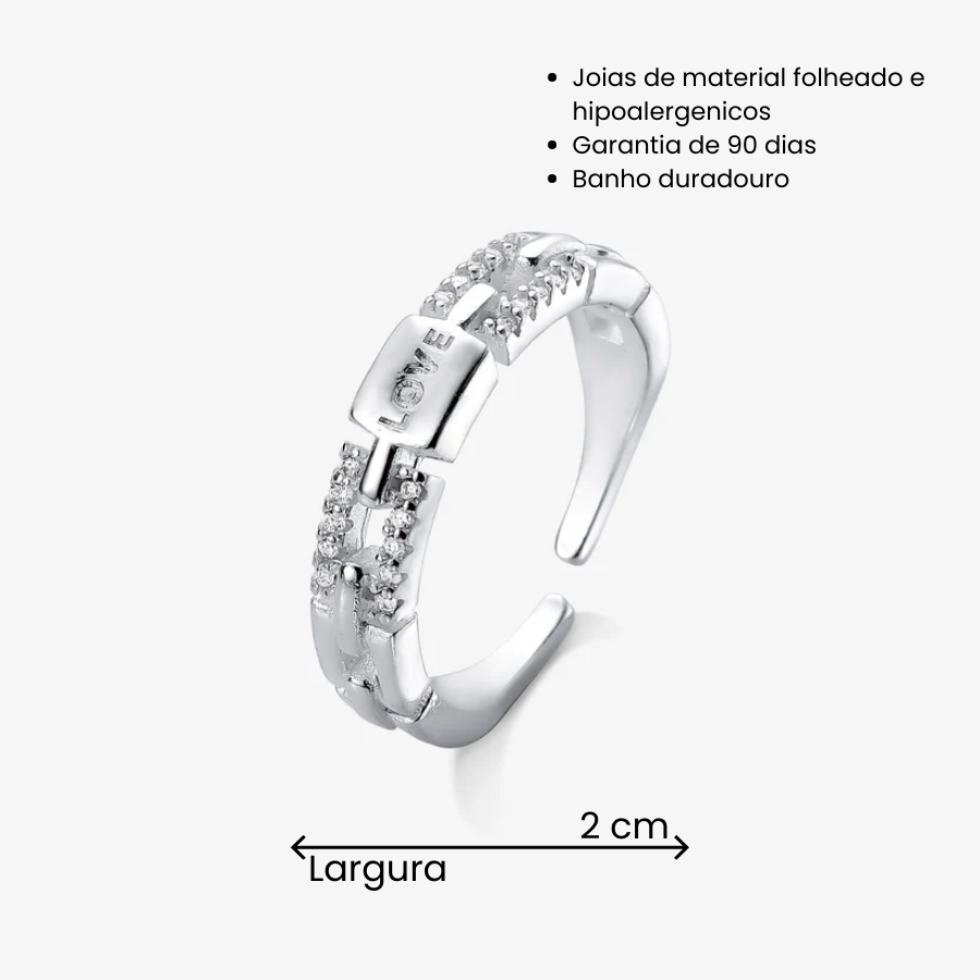 Anel Regulável Quadrados com Zircônia Love no meio Folheado a Prata