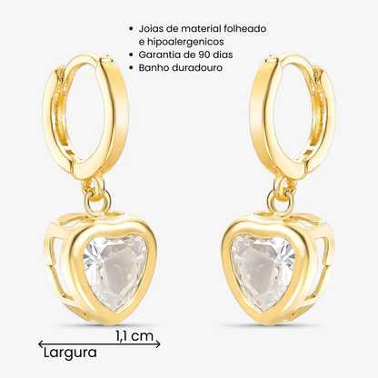 Brinco Argola Coração de Cristal Vazado Folheado a Ouro 18k