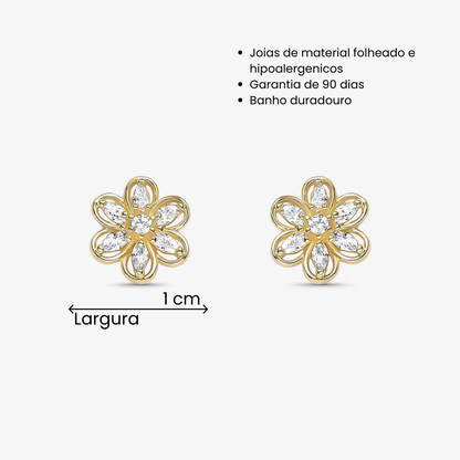 Brinco Flor Pétalas de Cristal Folheado a Ouro 18k