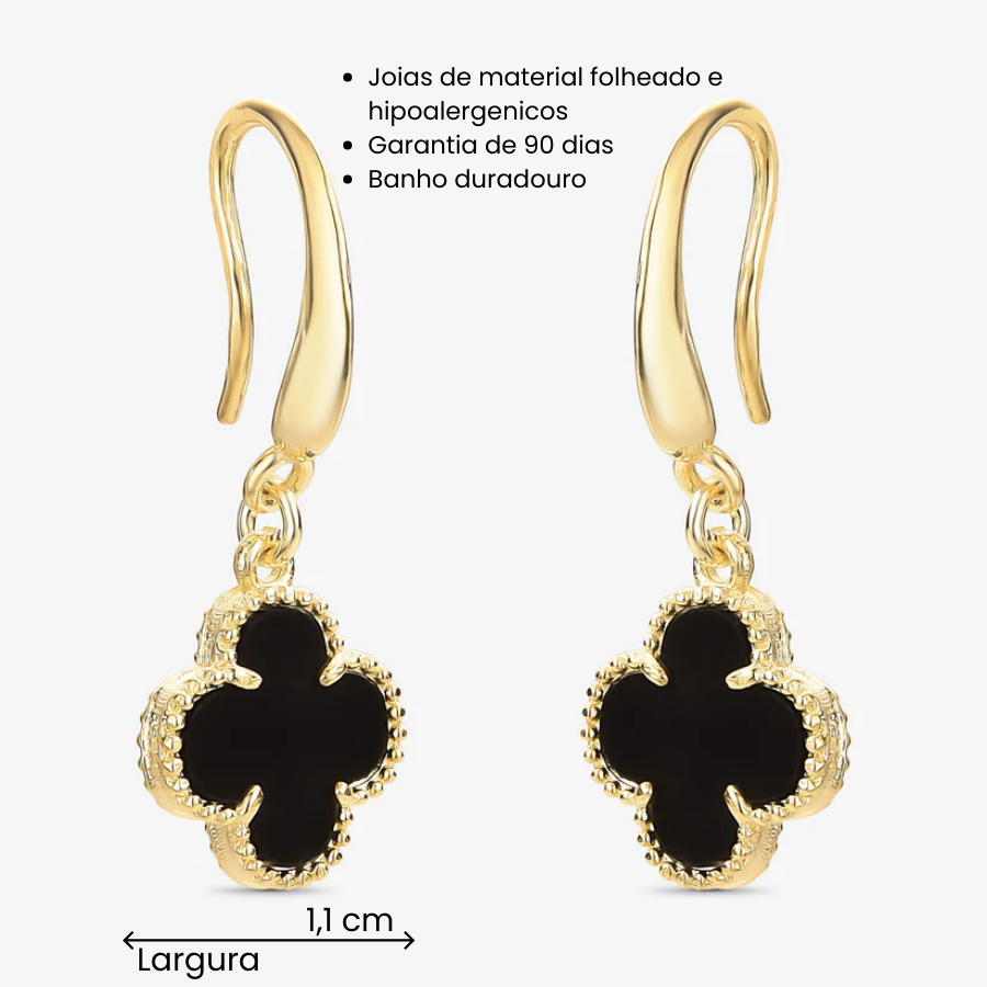 Brinco Trevo Preto Resinado Gancho Folheado a Ouro18k