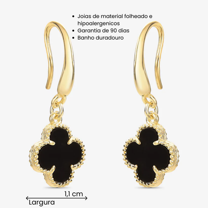 Brinco Trevo Preto Resinado Gancho Folheado a Ouro18k