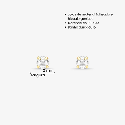 Brinco Zircônia Redonda 3mm Folheado a Ouro 18k