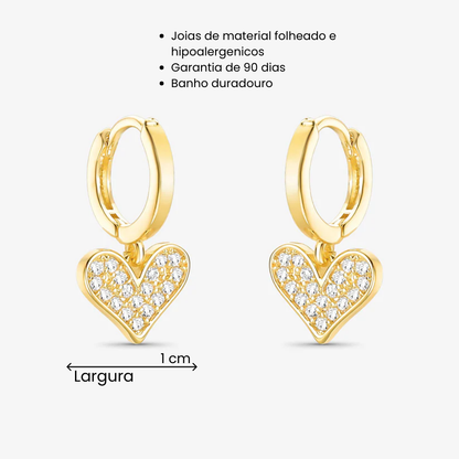 Brinco Argola Coração Cravejado Folheado a Ouro 18K