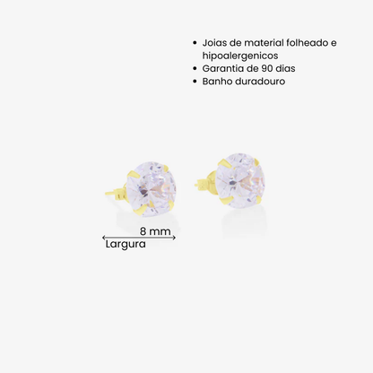 Brinco Zircônia Redonda 8mm Folheado a Ouro18k