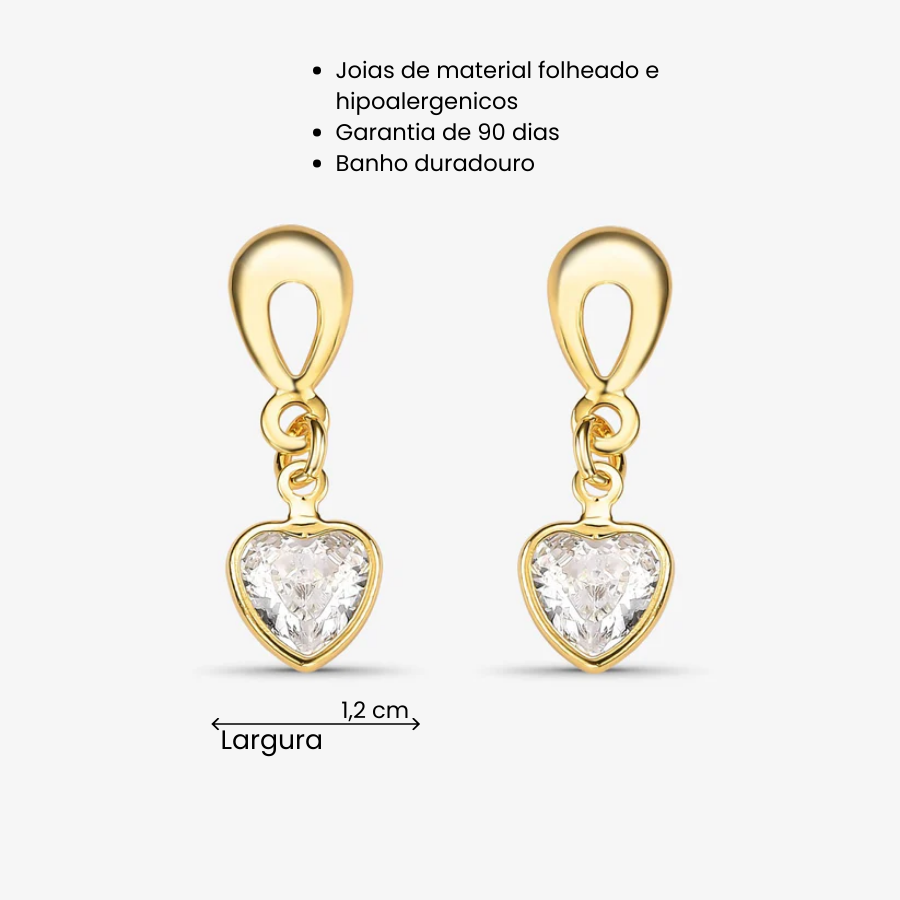 Brinco Coração Vazado Pendente Folheado a Ouro 18k