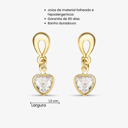 Brinco Coração Vazado Pendente Folheado a Ouro 18k