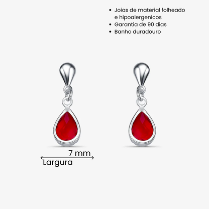 Brinco Gota Vermelha Folheado a Prata