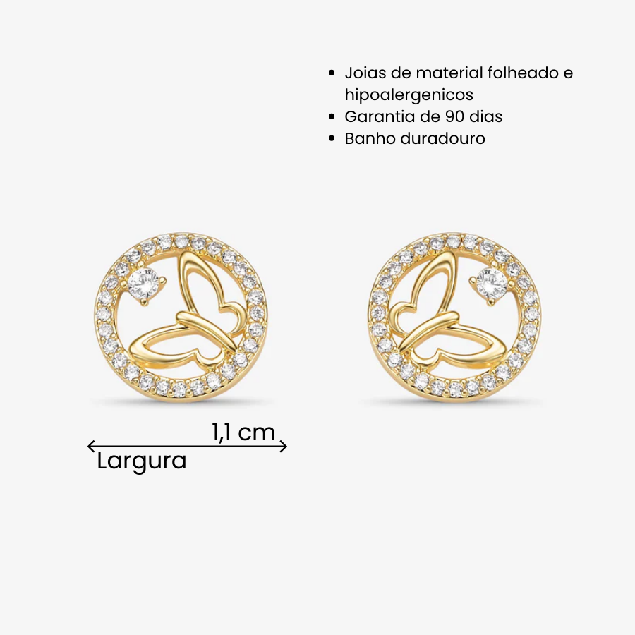 Brinco Borboleta com Borda Redonda Cravejada Folheado a Ouro 18K