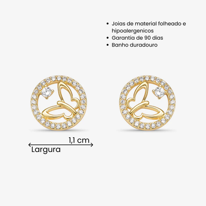 Brinco Borboleta com Borda Redonda Cravejada Folheado a Ouro 18K