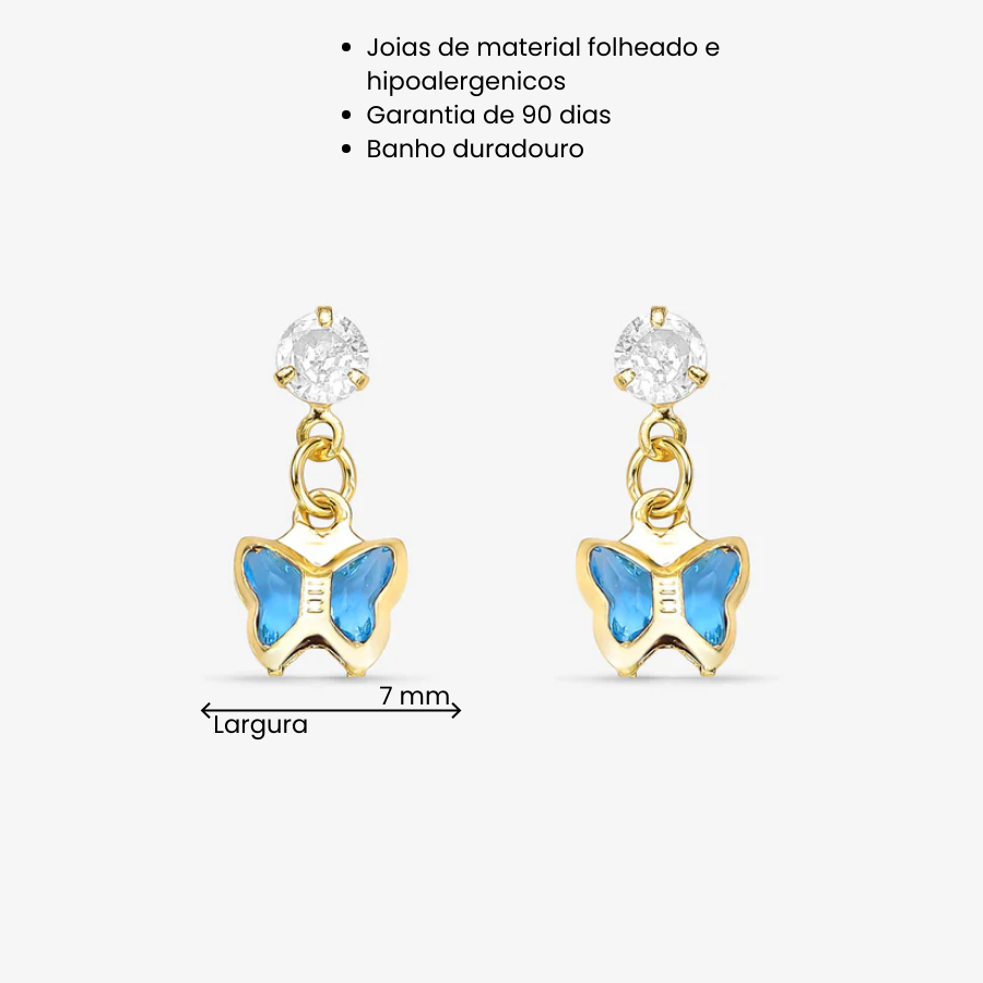 Brinco Infantil Borboleta Azul Folheado a Ouro 18k