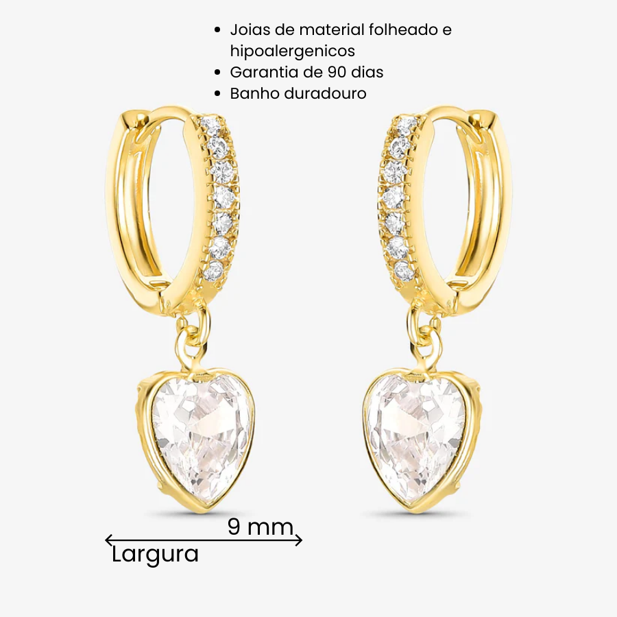 Brinco Argola Articulada Coração Cristal Folheado a Ouro 18k