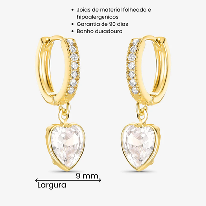 Brinco Argola Articulada Coração Cristal Folheado a Ouro 18k