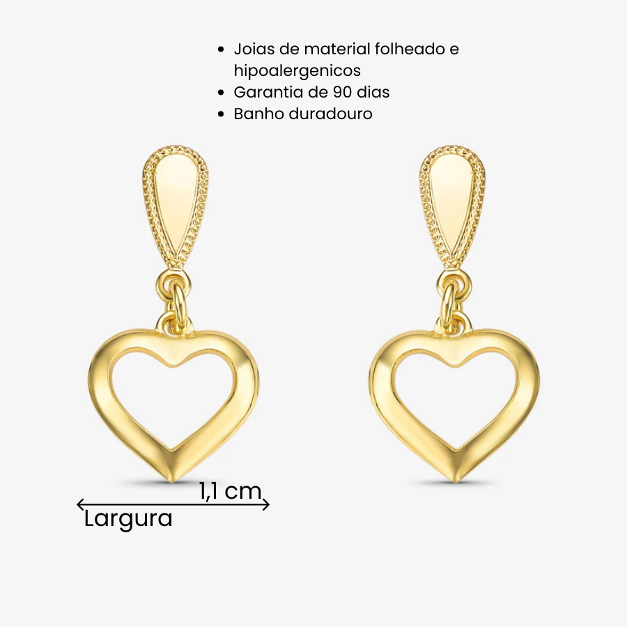 Brinco Gota Coração Vazado Com Borda Folheado a Ouro 18k