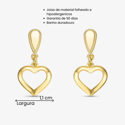 Brinco Gota Coração Vazado Com Borda Folheado a Ouro 18k