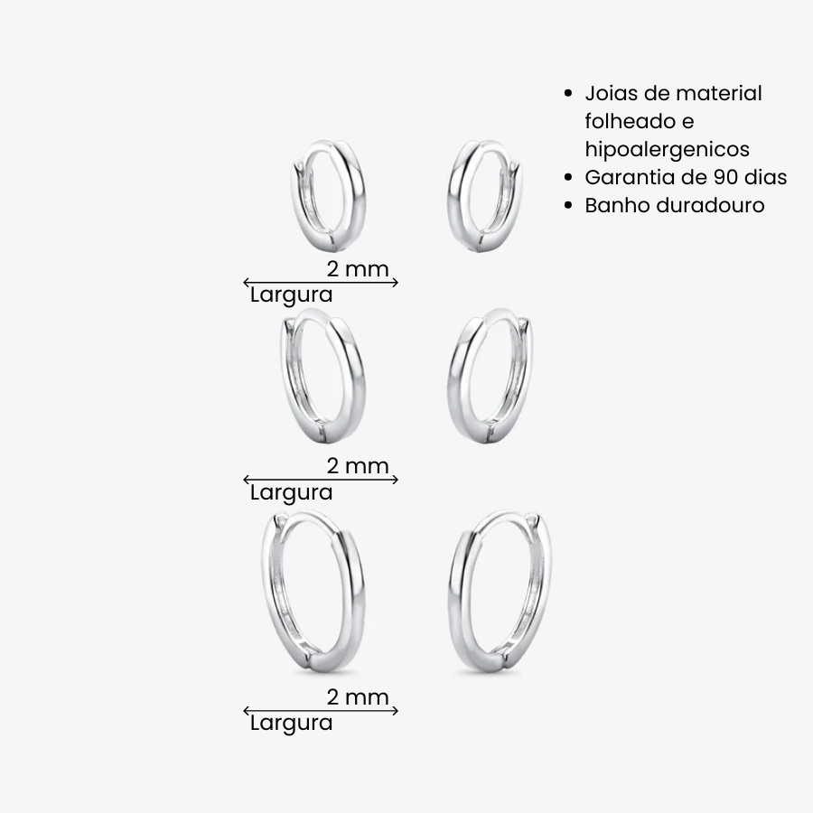 Brinco Trio de Argolas Lisas 2mm Folheado a Prata