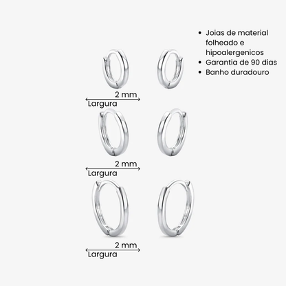 Brinco Trio de Argolas Lisas 2mm Folheado a Prata
