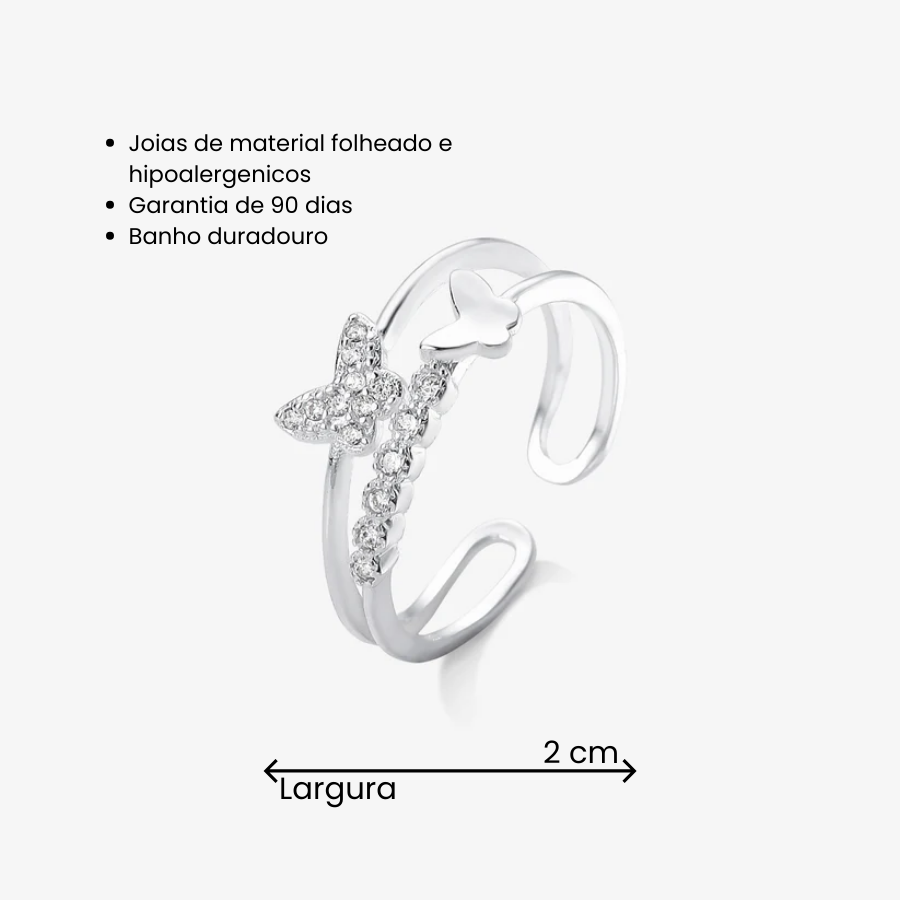 Anel Regulável Duplo com Borboleta Cravejada Folheado a Prata