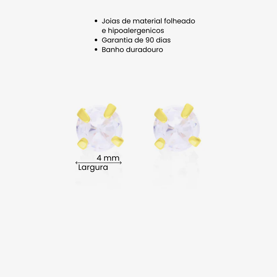 Brinco Zircônia Redondo 4mm Folheado a Ouro 18k