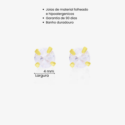 Brinco Zircônia Redondo 4mm Folheado a Ouro 18k