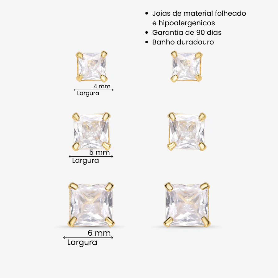 Brinco Trio Quadrado Zircônia Folheado a Ouro 18K