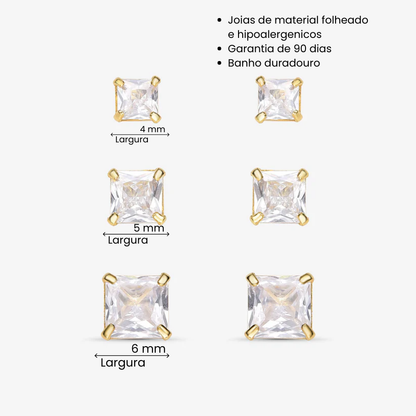 Brinco Trio Quadrado Zircônia Folheado a Ouro 18K