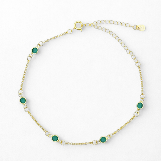 Pulseira Vida Elo Português com Bolinhas Verdes de Zircônia Espaçadas Folheadas a Ouro 18k