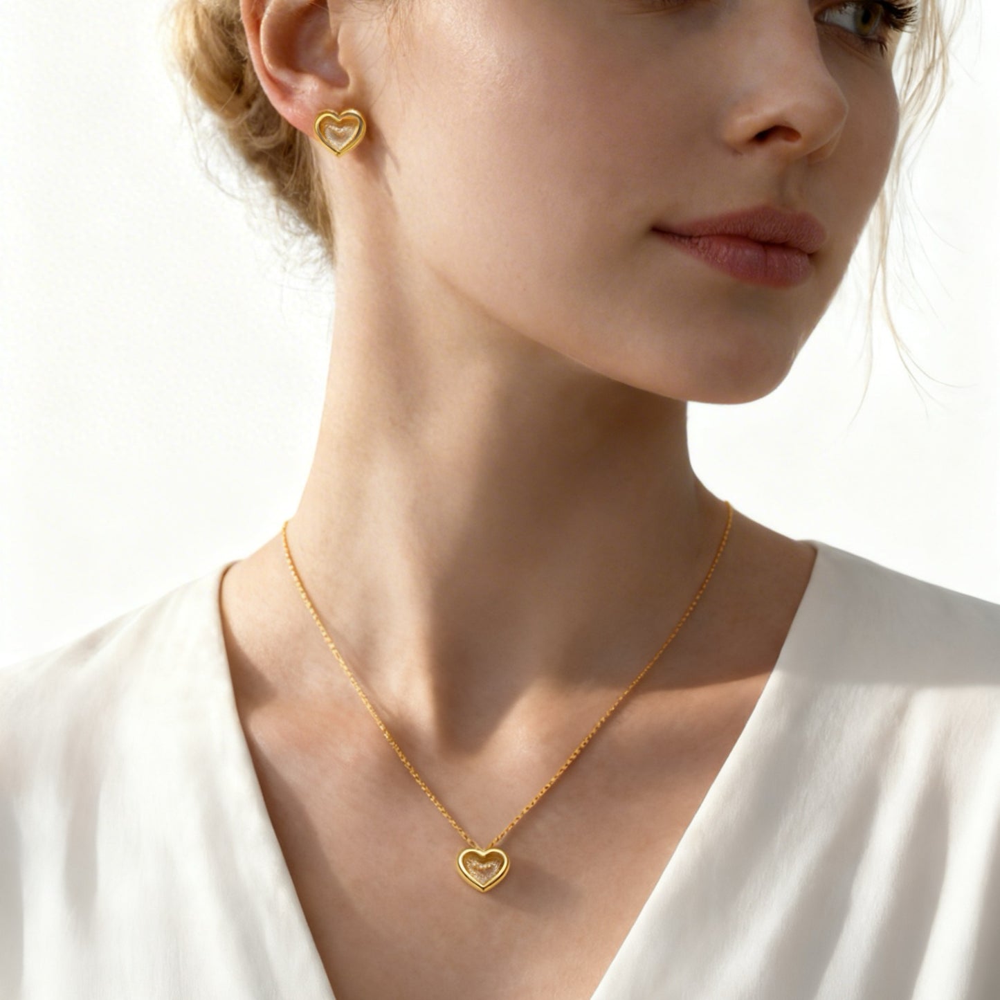 Conjunto Coração Duplo Folheado a Ouro 18k