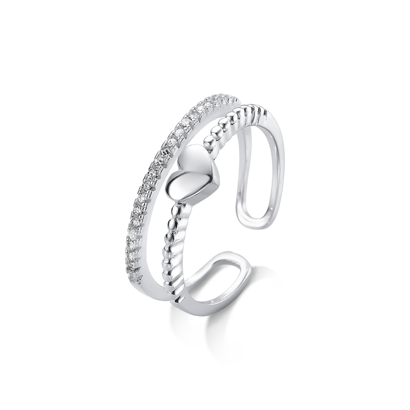 Anel Regulável Duplo Cravejado com Coração Folheado a Prata