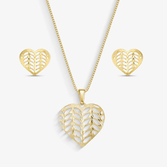 Conjunto Coração Folhas Vazadas Folheado a Ouro 18k