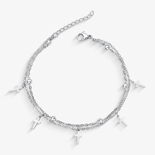 Pulseira Aço Cruz e Bolinhas