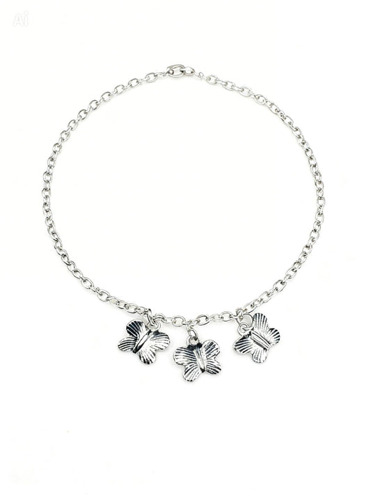 Tornozeleira Borboletas Texturizada Folheada a Prata