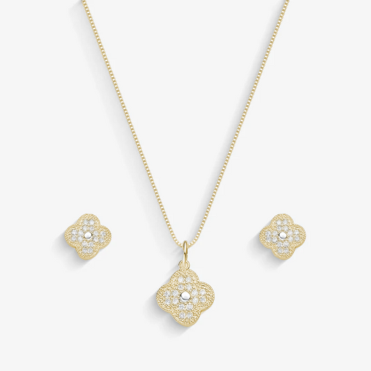 Conjunto Trevo Cravejado Folheado a Ouro 18k