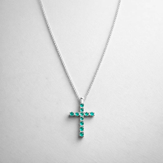Colar Cruz Verde Borda Cravejada Folheado a Prata