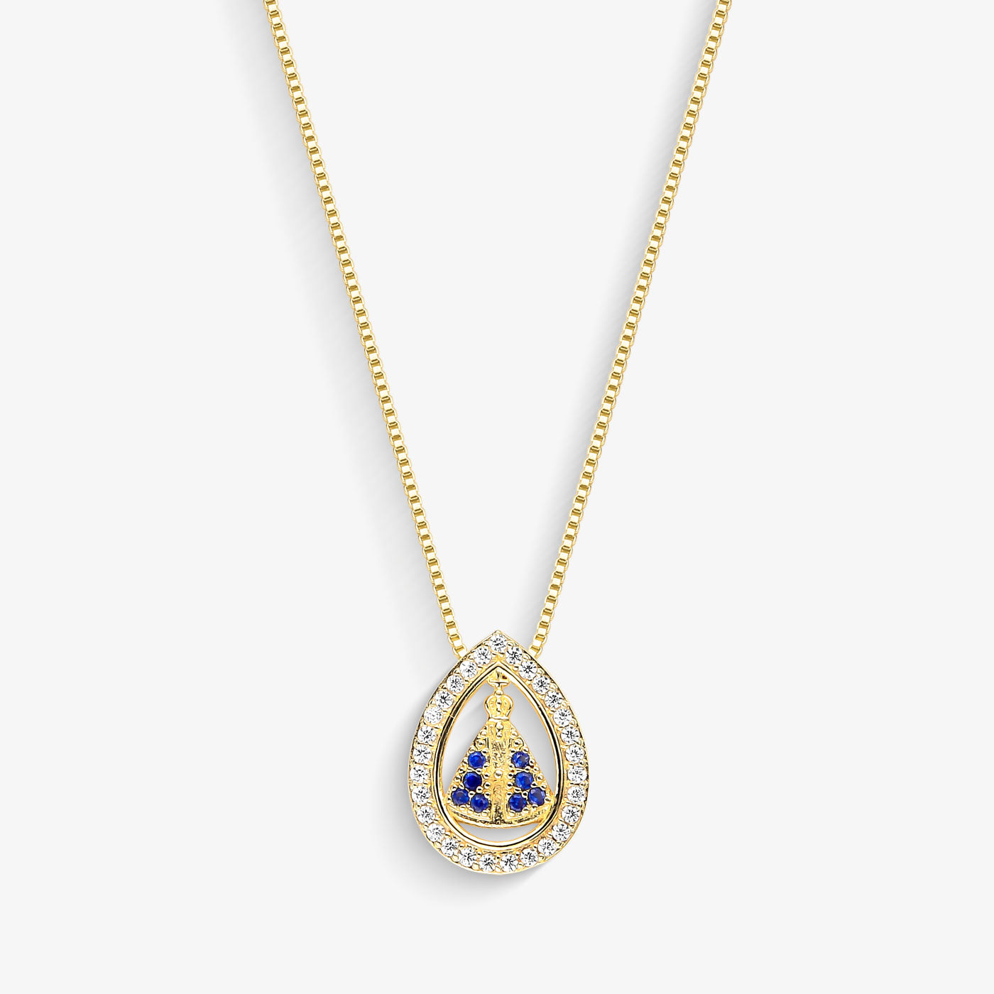 Colar Nossa Senhora Manto Azul Cravejado Folheado a Ouro18k