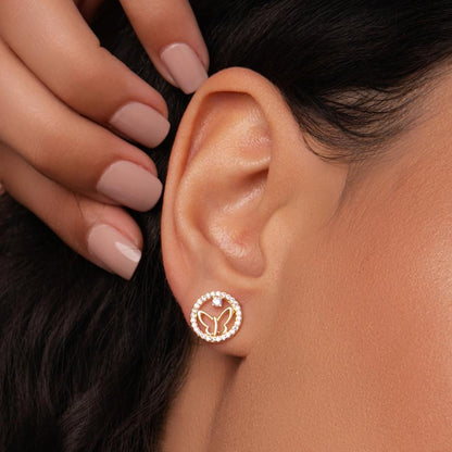 Brinco Borboleta com Borda Redonda Cravejada Folheado a Ouro 18K