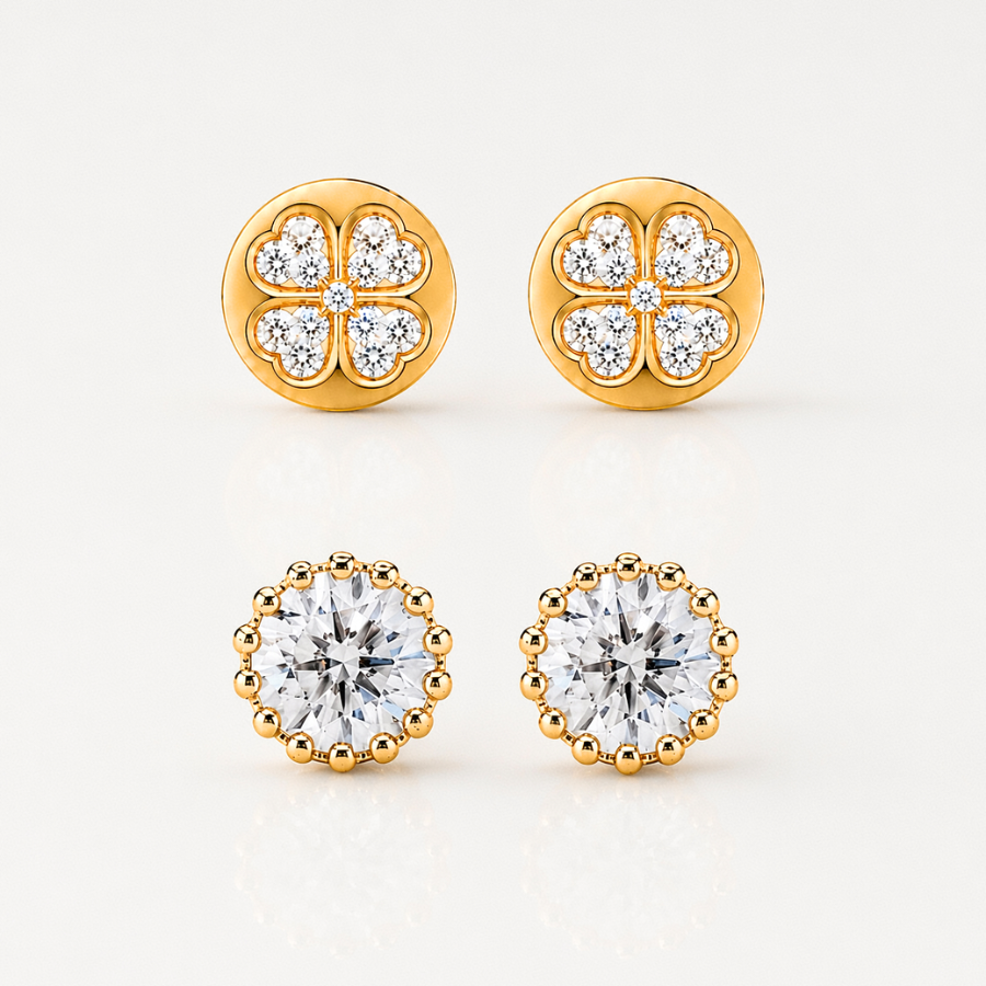 Dupla Zirconia e Trevo Circular Folheado a Ouro
