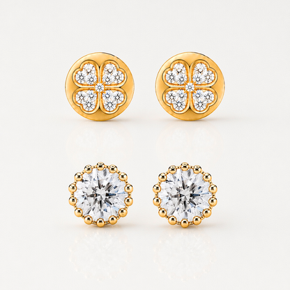Dupla Zirconia e Trevo Circular Folheado a Ouro