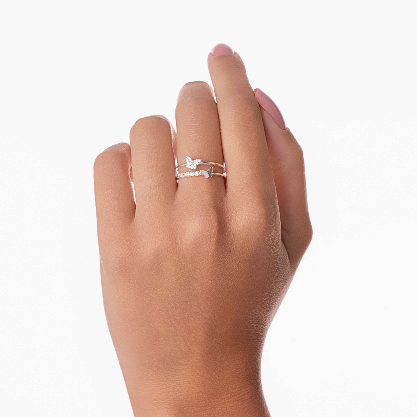 Anel Regulável Duplo com Borboleta Cravejada Folheado a Prata