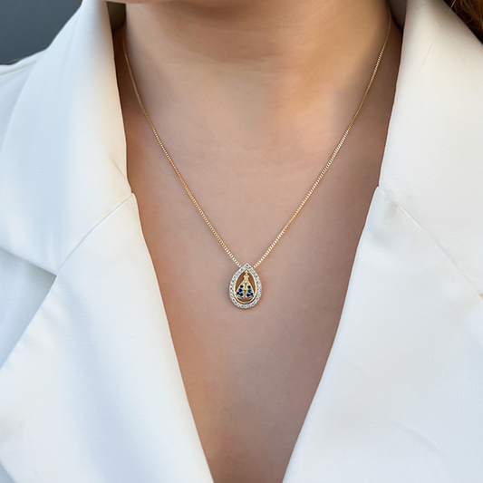 Colar Nossa Senhora Manto Azul Cravejado Folheado a Ouro18k