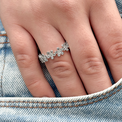 Anel Regulável Floral Folheado a Prata
